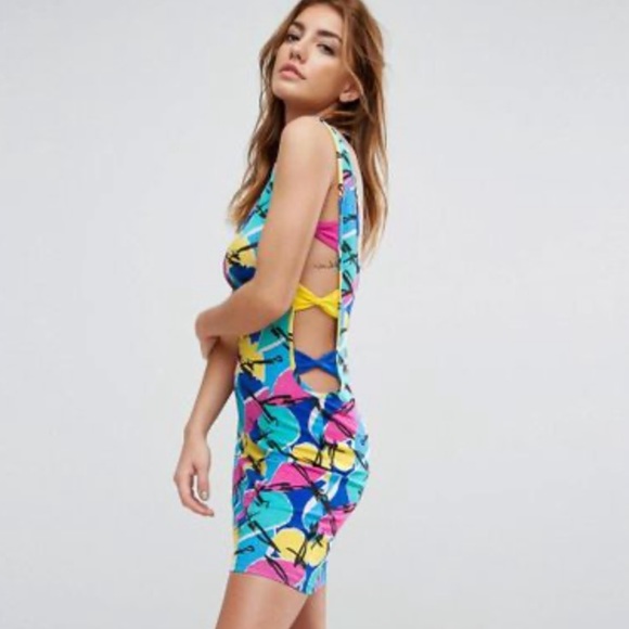 ASOS Bow Side Cut Out Dress Bright Abstract Print - Picture 3 of 8